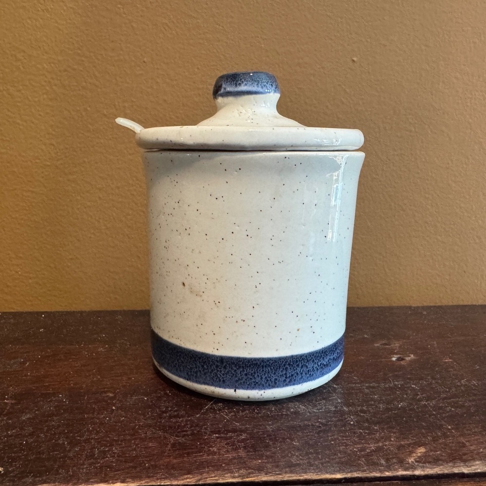McCoy Speckled‎ Relish Mustard Jar with Lid & Spoon Blue White Farmhouse Decor